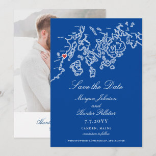 Reserva La Fecha Mapa de Camden Maine Elegante Boda Azul Marino