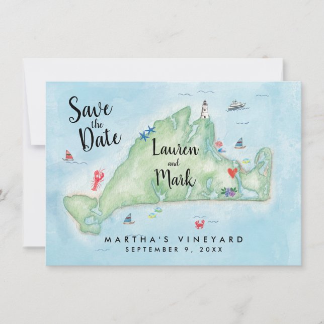 Reserva La Fecha Mapa de Martha's Vineyard en acuarela, guárdame la (Anverso)