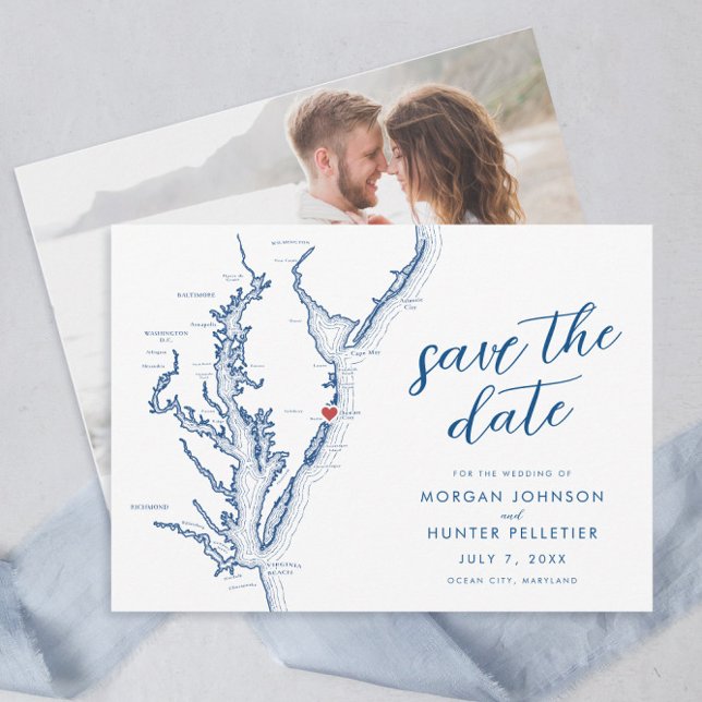 Reserva La Fecha Mapa de Maryland de Ocean City Mínimo Boda moderno (Ocean City Maryland Map Save the Dates with minimal modern navy blue script from Coastal Map Designs)