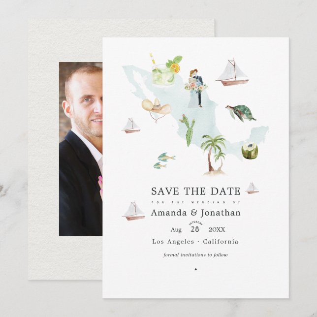 Reserva La Fecha Mapa de México en acuarela para boda de destino Fo (Anverso / Reverso)