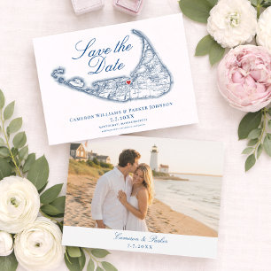 Reserva La Fecha Mapa de Nantucket Elegante Boda Azul Marino