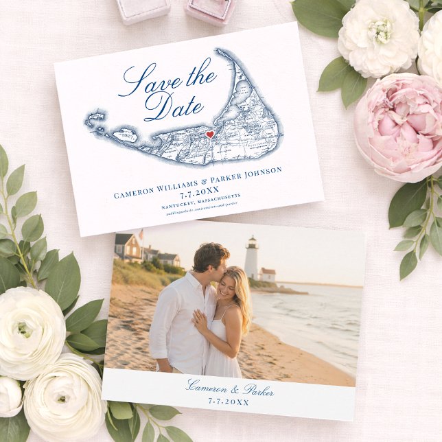 Reserva La Fecha Mapa de Nantucket Elegante Boda Azul Marino (Nantucket Map Save the Date for a White Elephant Wedding in elegant navy blue by Coastal Map Designs)