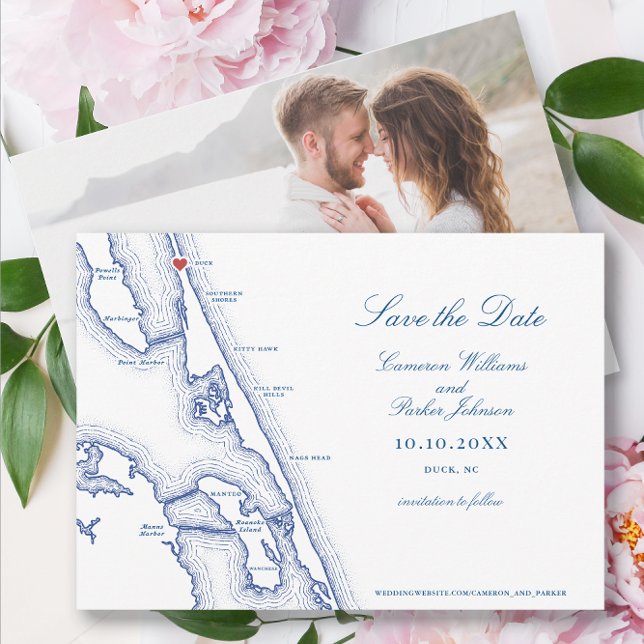 Reserva La Fecha Mapa de pack NC Elegante Boda azul de la Marina (Duck NC Wedding Save the Date for an elegant navy blue Outer Banks Wedding by Coastal Map Designs)