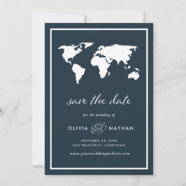 Reserva La Fecha Mapa del mundo azul oscuro | Elegante Boda del tem