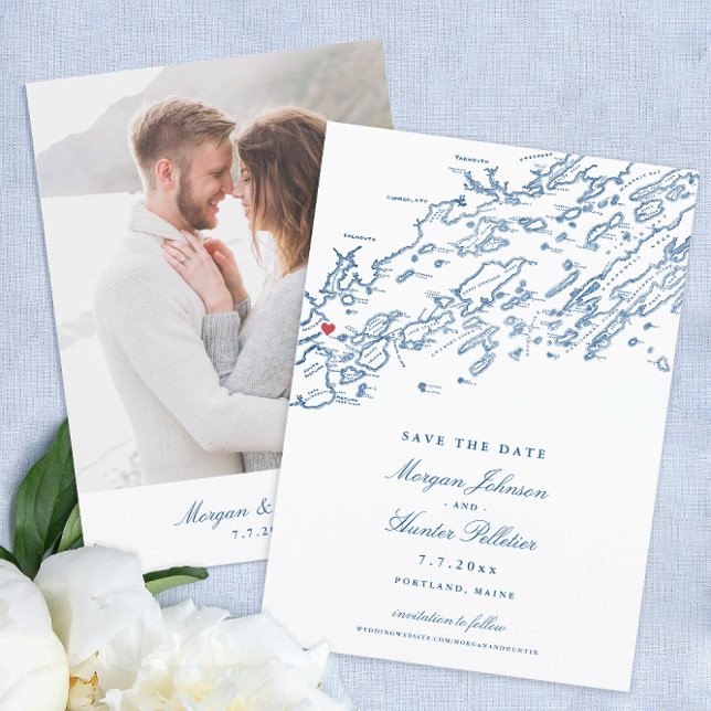 Reserva La Fecha Mapa elegante de Portland Maine (Elegant Portland Maine Wedding Save the Dates with navy blue Casco Bay map and photo on the back)