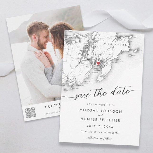 Reserva La Fecha Mapa minimo moderno de Gloucester Massachusetts (Gloucester MA minimal modern wedding save the date in black and white from Coastal Map Designs )