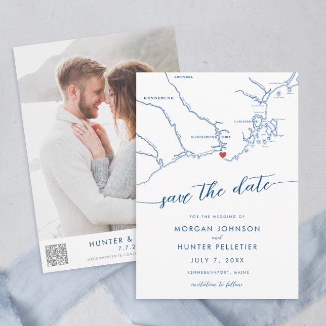 Reserva La Fecha Mapa Mínimo Moderno Kennebunkport Maine (Kennebunkport Map Wedding Save the Date in Modern Navy Blue with QR Code from Coastal Map Designs)