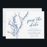 Reserva La Fecha Mapa moderno de boda de Richmond Virginia<br><div class="desc">Anuncie su boda en Richmond, Virginia con estilo con nuestro moderno "Save the Date" con tema de mapa de la Bahía de Chesapeake en azul marino de Coastal Map Designs. Ya sea que se casen en The Jefferson Hotel, Lewis Ginter Botanical Garden, The Dominion Club, The Boathouse en Rocketts Landing...</div>