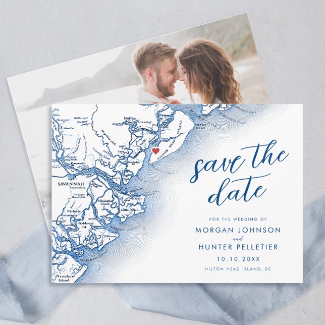 Reserva La Fecha Mapa moderno de Hilton Head Carolina del Sur Boda (Hilton Head Island SC map Wedding Photo Save the Date in Modern Navy Blue by Coastal Map Designs)