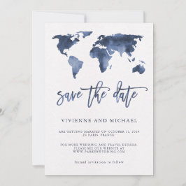 Reserva La Fecha Mapa Mundial de Acuarela Azul | Boda Save the Date