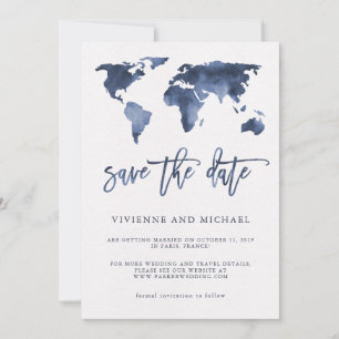 Reserva La Fecha Mapa Mundial de Acuarela Azul Boda Save the Date