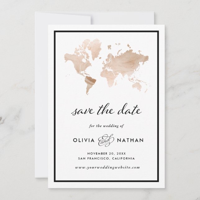 Reserva La Fecha Mapa mundial de glamour | Elegante Boda del tema d (Anverso)