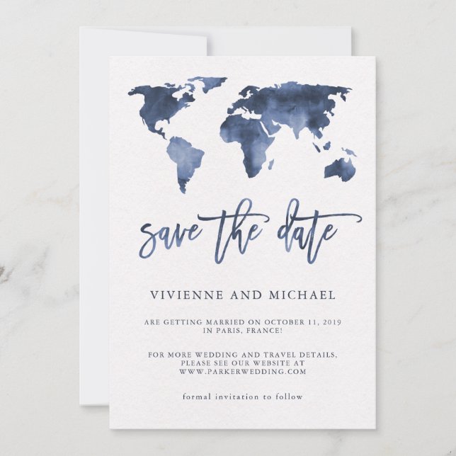 Reserva La Fecha Mapa Mundial en Acuarela Azul | Boda Save the Date (Anverso)