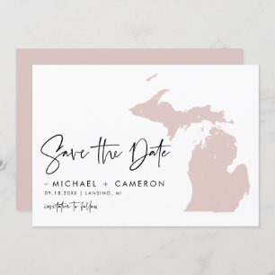 Reserva La Fecha Mapa rosa de Rubor Michigan con guión Minimalista 