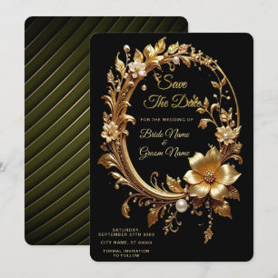 Reserva La Fecha Marco Adornado Floral Dorado Save The Date