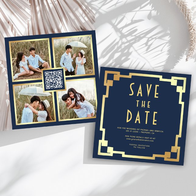 Reserva La Fecha Marco Art Déco Azul Marino Dorado Código QR Boda (Subido por el creador)