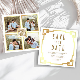 Reserva La Fecha Marco Art Déco de Oro Blanco Código QR Boda
