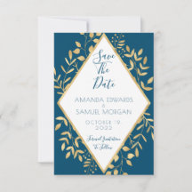 Marco azul y dorado para boda moderna Save The Dat