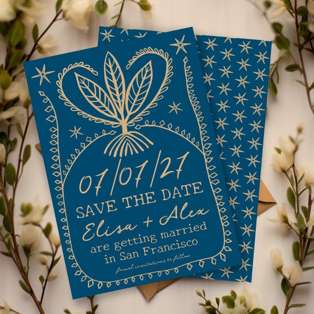 Reserva La Fecha Marco bohemio caprichoso elegante GUARDAR LA FECHA (Whimsical Boho Frame Elegant SAVE THE DATE CUSTOM
blue gold botanical stars)