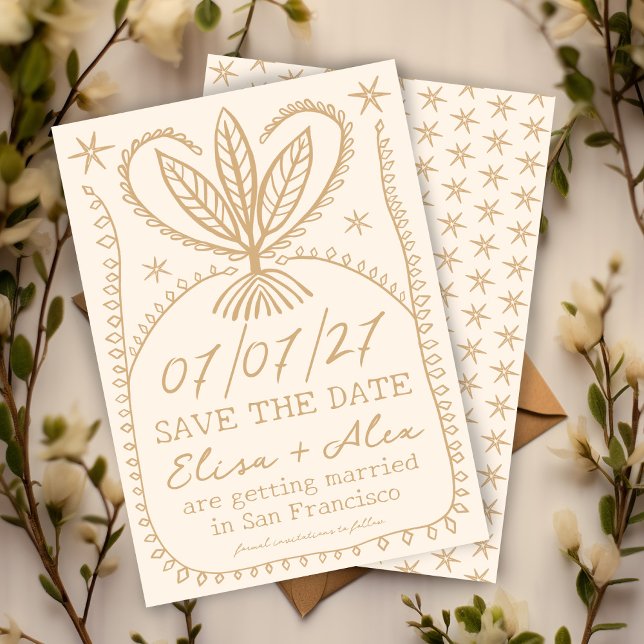 Reserva La Fecha Marco caprichoso boho elegante GUARDAR LA FECHA pe (Whimsical Boho Frame Elegant SAVE THE DATE CUSTOM
botanical stars cream beige gold)