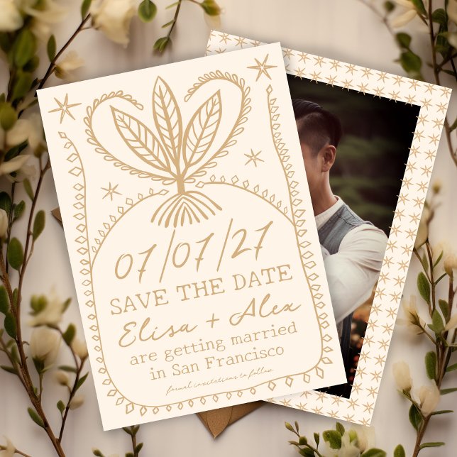 Reserva La Fecha Marco caprichoso boho GUARDAR LA FECHA FOTO PERSON (Whimsical Boho Frame SAVE THE DATE CUSTOM PHOTO
Botanical Stars Unique Cute Cream Gold)
