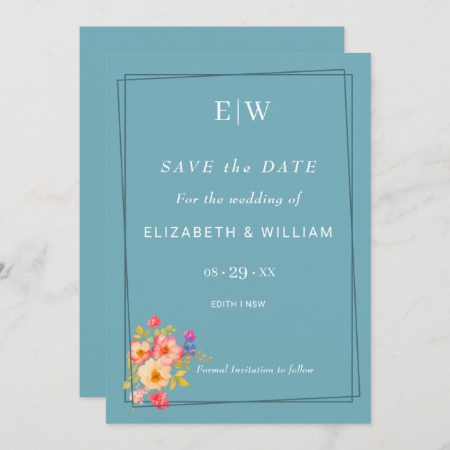 Reserva La Fecha Marco con Rosas, estilo Boda sobre azul retro (Anverso / Reverso)