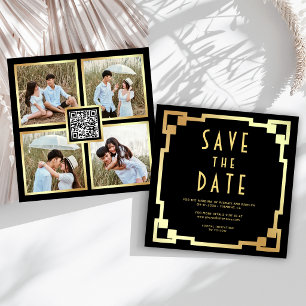 Reserva La Fecha Marco Cuadrado Art Déco Negro Código QR Boda Dorad