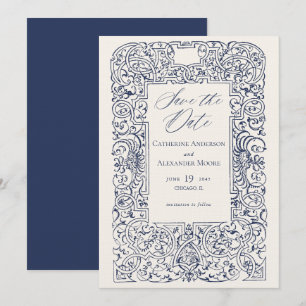 Reserva La Fecha Marco de adorno vintage elegante boda azul