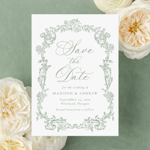 Reserva La Fecha Marco de boda floral victoriano elegante en verde