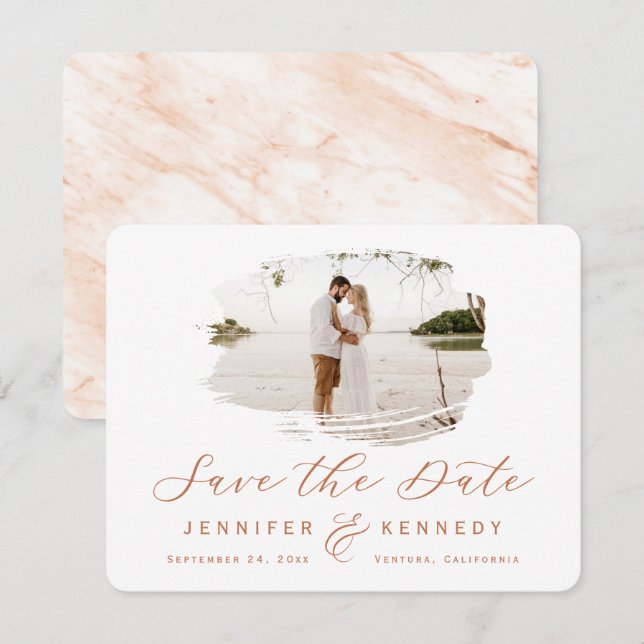 Reserva La Fecha Marco de Cepillado romántico de Terracota con foto (Anverso / Reverso)