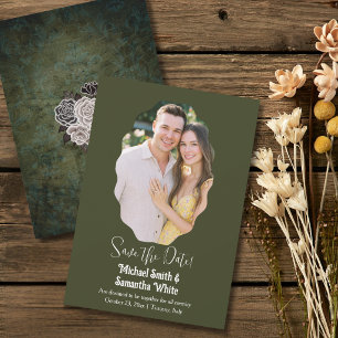 Reserva La Fecha Marco de Foto Oval Verde Oliva Elegante Boda
