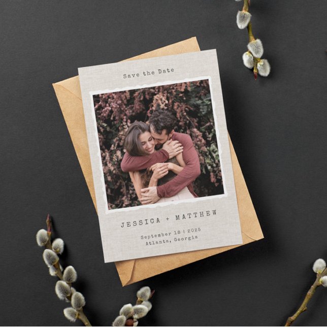 Reserva La Fecha Marco de Foto Vintage Retro Lino Personalizado Bod (Subido por el creador)