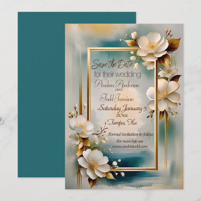 Reserva La Fecha Marco dorado boda de flores blancas de fondo verde (Anverso / Reverso)