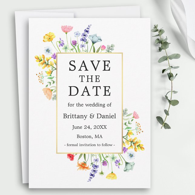 Reserva La Fecha Marco dorado de flores silvestres acuáticas (Customize to change text size, color, style or add more text to back of card.)