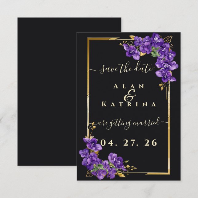 Reserva La Fecha Marco Dorado Floral Violeta Negro (Anverso / Reverso)