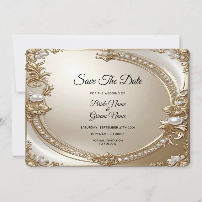 Reserva La Fecha Marco Dorado Ornamentado con Perlas Save The Date (Anverso)