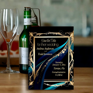 Reserva La Fecha Marco dorado verde azulado boda negro azul