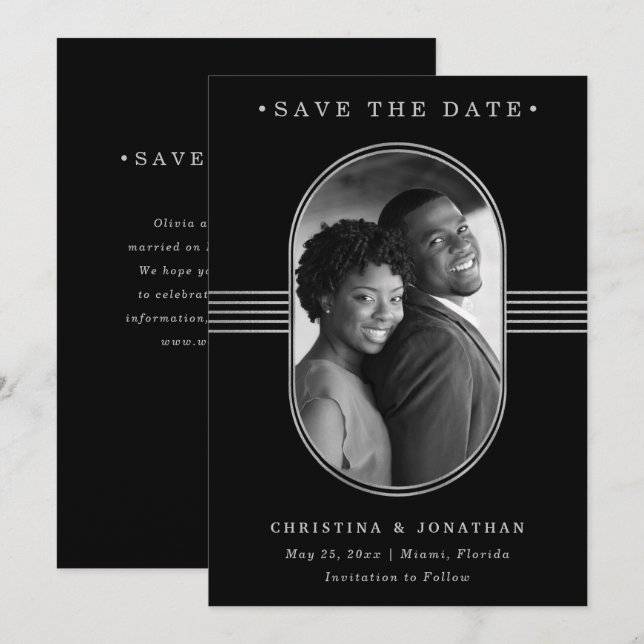 Reserva La Fecha Marco elegante | Plata y negro con foto (Anverso / Reverso)