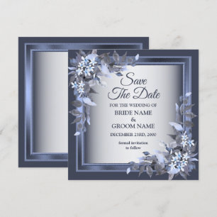 Reserva La Fecha Marco floral azul de la Marina boda Plata Elegante