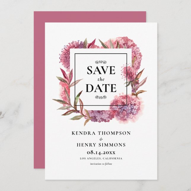 Reserva La Fecha Marco floral de hortensias acuarela púrpura malva (Anverso / Reverso)