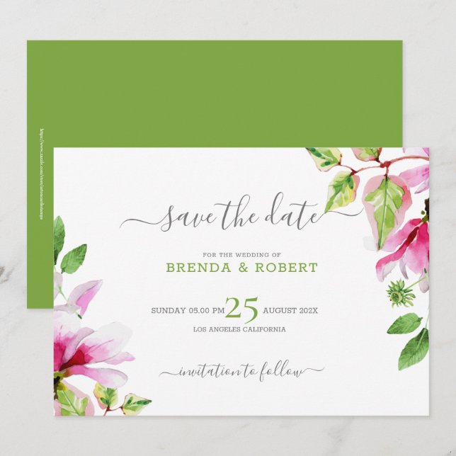 Reserva La Fecha Marco floral de magnolia rosa para guardar la fech (Anverso / Reverso)