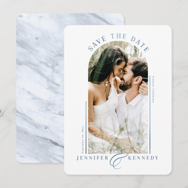 Reserva La Fecha Marco fotográfico con arcos modernos de mármol azu (Anverso / Reverso)