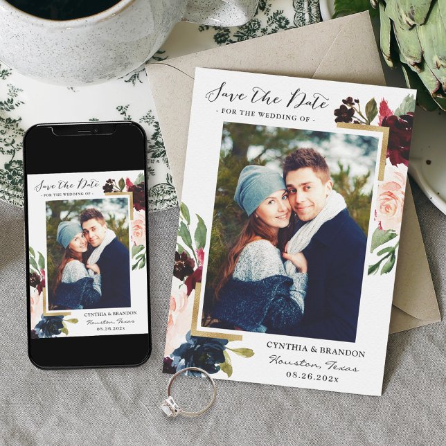 Reserva La Fecha Marco moderno Borgoña Rubor Floral Photo (Subido por el creador)