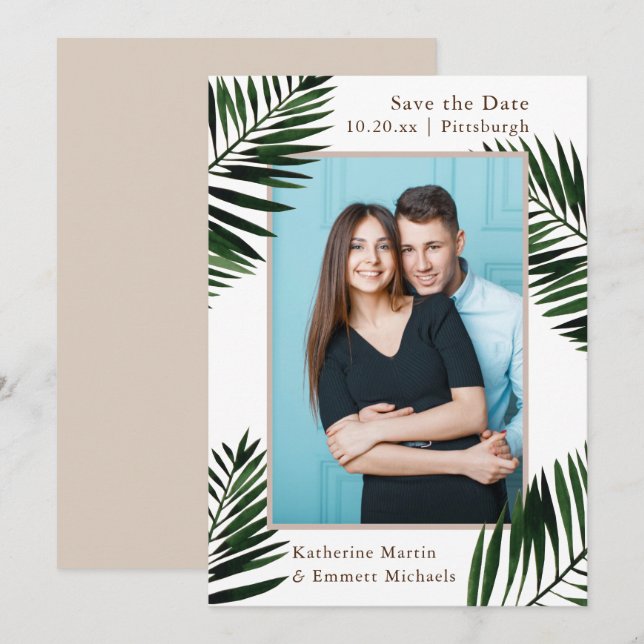Reserva La Fecha Marco tropical beige Boda salva la foto de la fech (Anverso / Reverso)