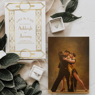 Reserva La Fecha Marco Vintage Deco Dorado Blanco Foto Boda