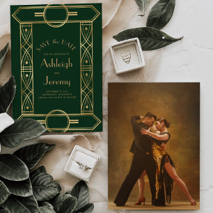 Reserva La Fecha Marco Vintage Deco Dorado Foto Boda Verde Oscuro