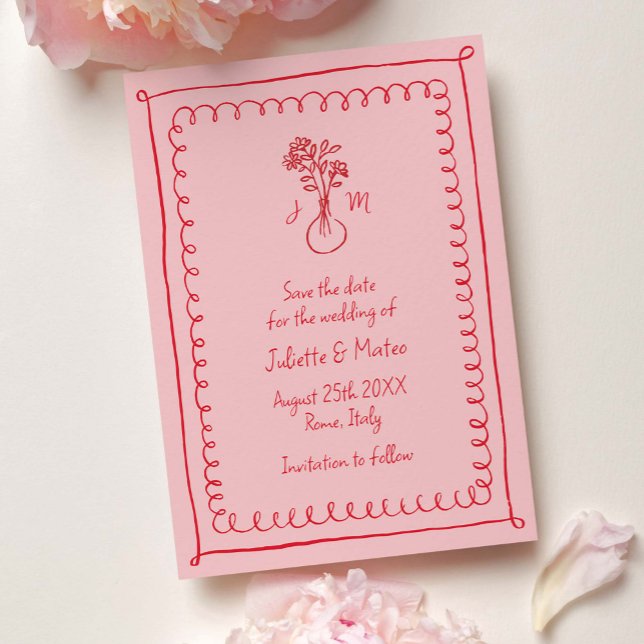 Reserva La Fecha Marcos de guijarros rosados-rojos Guardar fecha (pink, quirky, hand-drawn frames save the date card)