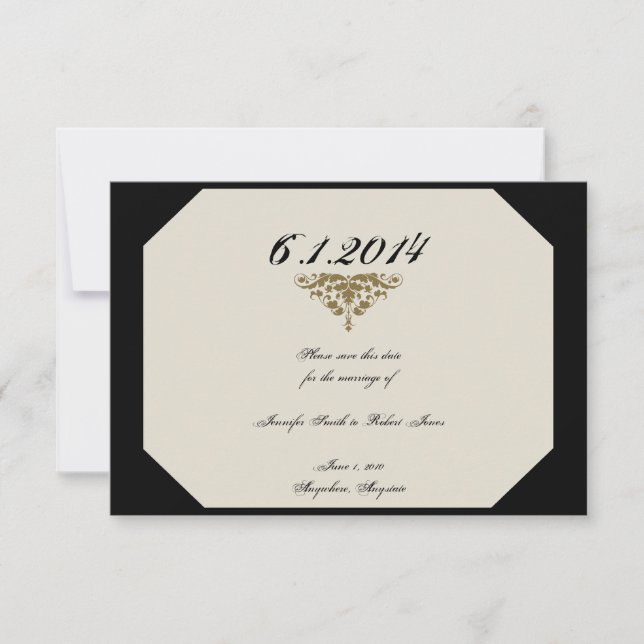 Reserva La Fecha Marfil Black and Gold Damask Wedding Save the Date (Anverso)