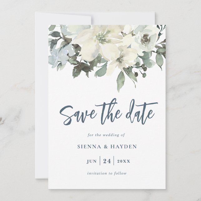 Reserva La Fecha Marfil Floral Navy Blue Save the Date Card (Anverso)