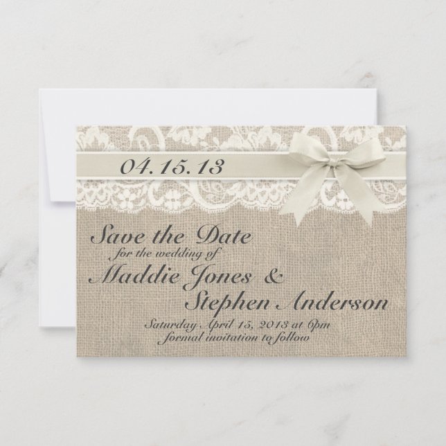 Reserva La Fecha Marfil Lace y Burlap Wedding Salven la fecha (Anverso)